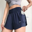 スポーツウェア レディース ヨガウェア パンツ ハーフパンツ 女性用 ゆったり フェイクツーピース スポーツショーツ 露出防止 フィットネスパンツ 速乾 ランニングパンツ ハイウエスト ヨガパンツ(4)