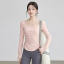 レディース ヨガウェア 長袖 美しいバックデザイン スリムフィット フィットネストップス ウエストギャザー ストレッチ スポーツウェア 胸パッド付き ピラティス...