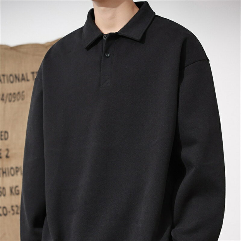 楽天New funメンズ ポロシャツ 長袖 プルオーバー スウェット トレーナー 立ち襟 襟付き シンプル デザイン カジュアル ファッション ゆったり ルーズフィット ストリート タウンユース 秋 冬 春 ベーシック スタイル 着回し コーデ万能 おしゃれ 部屋着 外出 リラックス 快適