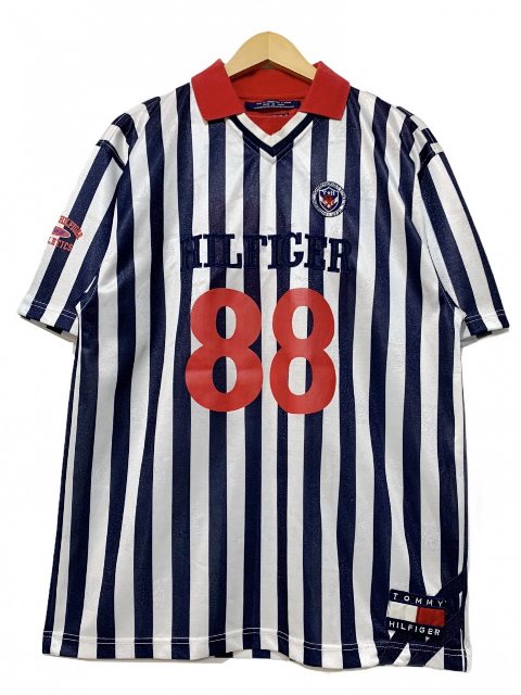 90s TOMMY HILFIGER Stripe Soccer Shirt 白紺 S(L相当) トミーヒルフィガー サッカーシャツ ユニフォーム ストライプ トリコロール クレスト ロゴ 刺繍 【中古】