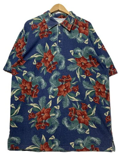 00s L.L.Bean Cotton S/S Polo Shirt 紺 XL-TALL エルエルビーン 半袖 ポロシャツ ハイビスカス 総柄 ネイビー 古着 【中古】