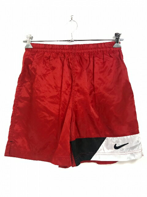 90s NIKE Satin Nylon Swim Shorts 赤白 L 銀タグ ナイキ サテン ナイロン スイムショーツ スウッシュ 【中古】