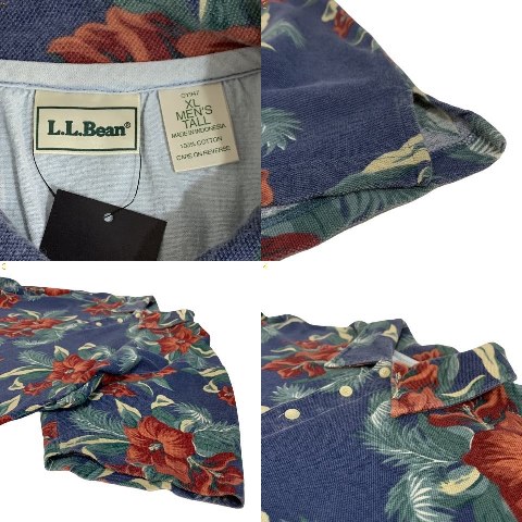 00s L.L.Bean Cotton S/S Polo Shirt 紺 XL-TALL エルエルビーン 半袖 ポロシャツ ハイビスカス 総柄 ネイビー 古着 【中古】