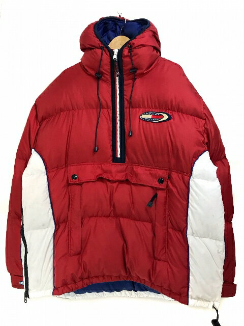 90s TOMMY HILFIGER Anorak Parka Down Jacket トリコロール XL トミーヒルフィガー アノラック ダウンジャケット ハーフジップ プルオーバー 赤 レッド 【中古】