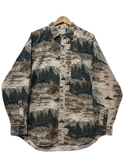 80s BANANA REPUBLIC "SAFARI & TRAVEL" Cotton L/S Shirt カーキ L バナナリパブリック サファリアンドトラベル 長袖 シャツ 総柄 古着 【中古】