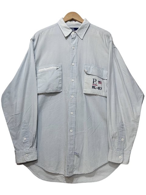 90s Polo Ralph Lauren P2 RL-67 Cotton Fishing L/S Shirt 薄青 L ポロラルフローレン 長袖 フィッシングシャツ CPRL 1992 1993 【中古】