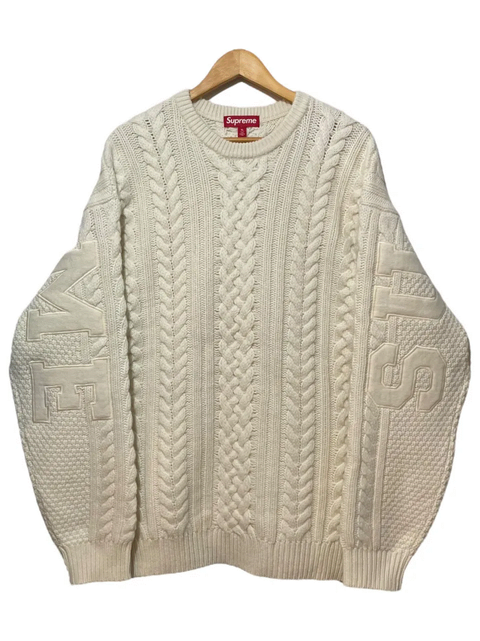 新品 23AW SUPREME Applique Cable Knit Sweater XL 白 シュプリーム ニット セーター ケーブル編み ロ..