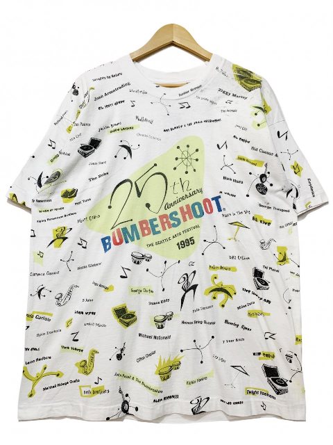 95年 BUMBERSHOOT Over Print S/S Tee 白 XL 90s バンバーシュート 半袖 Tシャツ 大判プリント 総柄 フェスT アーティストT ホワイト 古着 【中古】