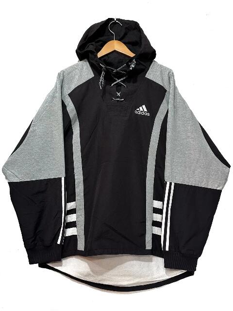 90s adidas Lace Up Pullover Hoodie 黒灰 L アディダス ナイロンジャケット パーカー プルオーバー レースアップ 異素材切り替え 古着【中古】