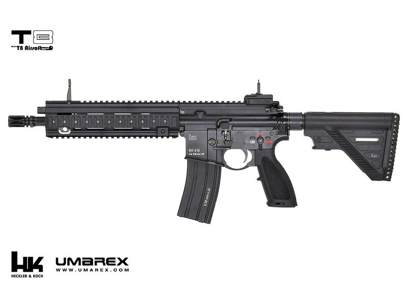 ★T8 ヘッケラー＆コッホ ガスブローバックシリーズ★ ・ガスブローバック ・可変HOPUP ★H&amp;K HK416A5モデル ★T8 ガスブローバックライフルシリーズ 元G&amp;Pの開発者が製作する「T8」ブランドのガスブローバックシリーズ。 レシーバー、ハンドガード、グリップ、アウターバレルなどパーツ形状やギミックにこだわり、仕様をリアルに再現。 ハンマー、シアー、トリガーなど機関部パーツを強度抜群のスティールで制作。 東京マルイのM4 ガスブローバックと互換性を有し、マガジンは共用で使用可能。 ★「軽量」アルミボルトキャリア バッファーは樹脂製となっており、軽量ボルトとのコンビネーションで軽快な作動。 ★T8 強化 アジャスタブルトリガーユニット搭載 ボルトストップはダイレクトにボルトキャリアにかかるなど、リアルな使用感を重視。 ユニットの各パーツはスティールで制作され、抜群の強度を誇ります。 また、ハンマーテンション、トリガーストローク、シアの角度は細かく調整可能。 ●スチールパーツ採用部分 ・トリガーボックス一式 ・ボルトフォワードアシストノブ ・テイクダウンピン トリガーピン ・キャッスルナット ・レシーバーエンドプレート ●アルミパーツ採用部分 ・ボルトキャリア一式 ・アッパー ロアレシーバー ・11 インチアウターバレル ・6 ポジションバッファーチューブ ●樹脂パーツ採用部分 ・リコイルバッファー 〜商品詳細〜 【材質】アルミ、スティールほか 【装弾数】30発 &nbsp;