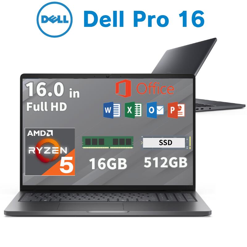 DELL ノートパソコン Pro 16 オフィス付き 選択可能 16.0インチ フルHD AMD Ryzen 5 220 メモリ 16GB SSD 512GB Windows11 Pro 無線LAN WEBカメラ テンキー付き MS Office Home & Business ノートPC デル 【ご法人様限定モデル・代引不可】