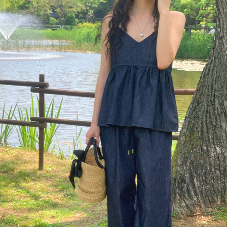 2A3 デニム セットアップ レディース キャミソール ワイドパンツ 春 夏 2点セット レトロ 上下セット デニムパンツ デニムキャミソール ジーンズ カジュアル おしゃれ シンプル 韓国ファッション【送料無料】