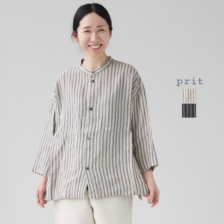 PRIT(プリット)強撚リネンストライプ スタンドカラー オーバーサイズシャツ(P81513)