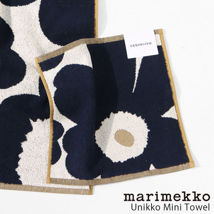 メーカー希望小売価格はメーカー商品タグに基づいて掲載していますmarimekko Unikko ミニタオル(52239-72805) marimekko(マリメッコ)のUnikkoミニタオル。ケシの花をモチーフにしたウニッコ柄のハンドタオルです。吸水性の良いコットン100%素材を採用。裏面のカラーは反転しており、ダークブルー×ゴールドの落ち着いた色合いが大人な印象。約30cm×30cmで一般的なハンドタオルよりひと回り大きめなので、手を拭いた後に他の荷物などへの湿りが気になりにくい安心感のあるサイズです。ブランドロゴ入りのループが付いており、日常に活躍する実用的なアイテム。ギフトとしてもおすすめです。 Item Information サイズ 縦:32.5cm　横:32cm ※ブランドオフィシャルサイトのサイズ表をもとに記載しておりますのでご了承下さい。 素材 コットン100％ 原産国 ポルトガル ATTENTION 商品により、柄の配置が画像と異なる場合がございます。予めご了承下さい。