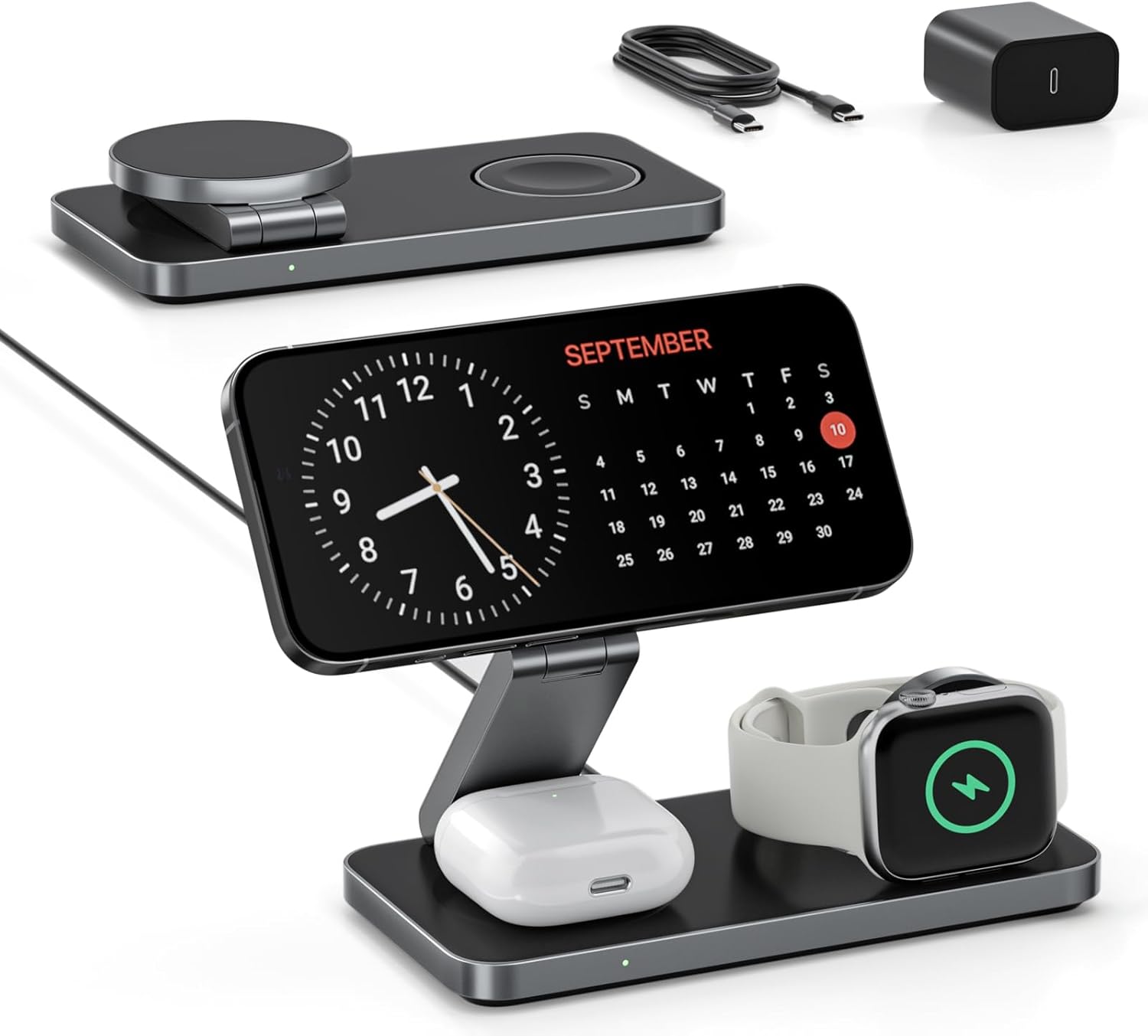 商品情報【3in1ワイヤレス充電器＆MagSafe対応】・3台同時充電対応　iPhone（最大15W）、AirPods（3W）、Apple Watch（5W）を同時に充電でき、充電環境をすっきり整理できます。・MagSafe対応設計　iPh...