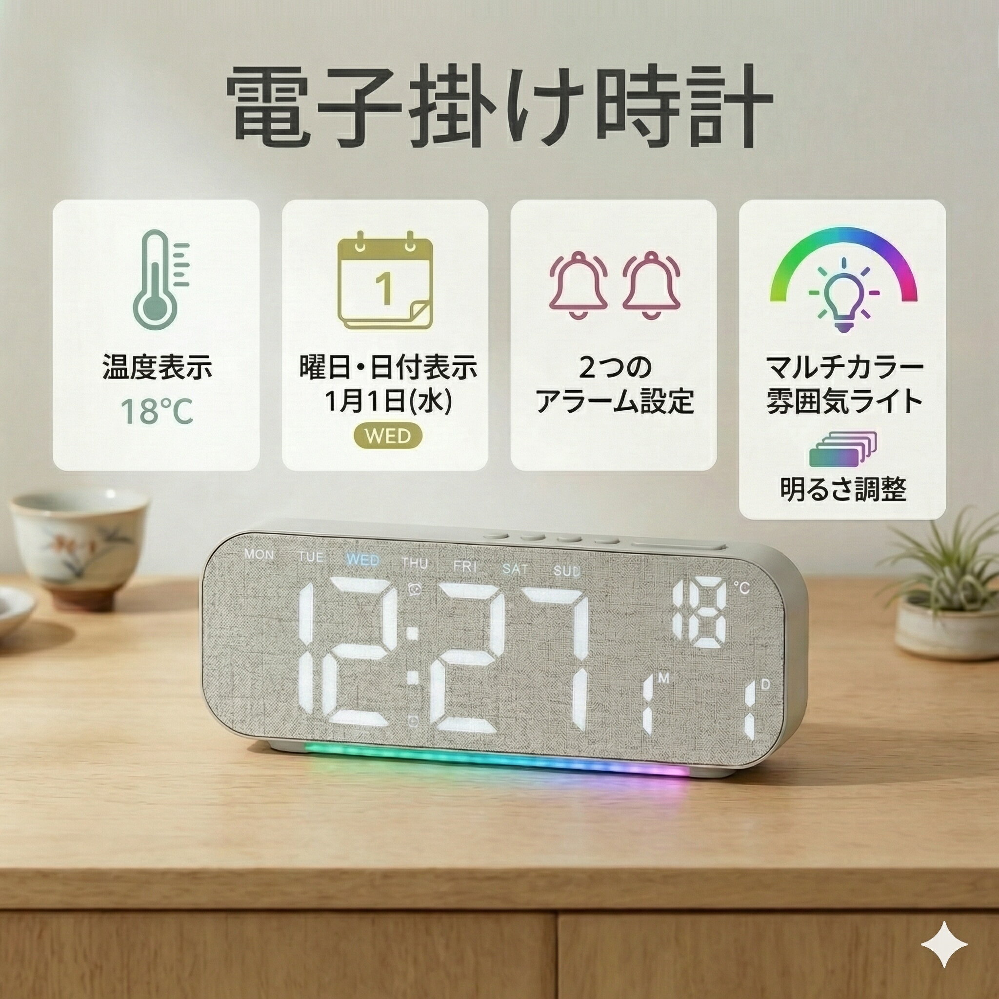 Rakuten - デジタル時計 壁掛け時計 目覚まし時計 LED 大画面 温度表示 日付 曜日 秒表示 見やすい ダブルアラーム 4段階調光 RGBライト ナイトライト 静音 卓上 壁掛け 置き掛け兼用 木目調 北欧 おしゃれ シンプル 多機能 寝室 リビング オフィス インテリア 省スペース