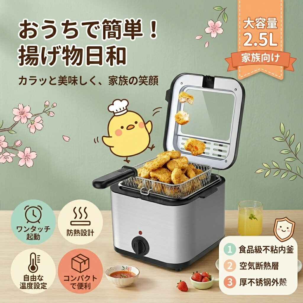 Rakuten - 電気フライヤー 2.5L 家庭用 卓上フライヤー 温度調節80-190℃ 過熱防止 ステンレス製 油はね防止 フタ付き 水切りバスケット付き 天ぷら ポテト 唐揚げ対応 コンパクト設計 省エネ 節油 高速加熱 多機能 キッチン家電 業務用 お手入れ簡単 安全設計