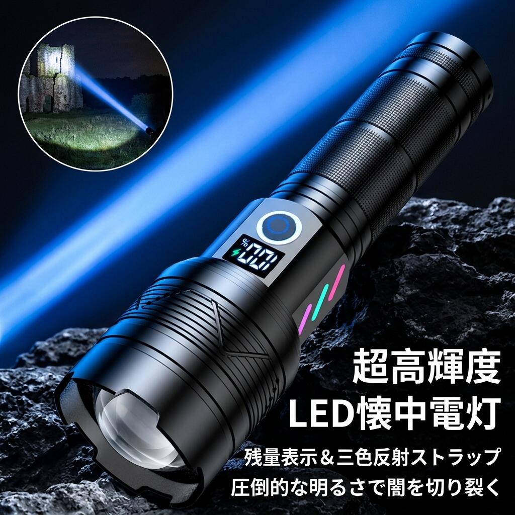 【セット内容】 ・A06-A型 高級ギフトボックス ・LED懐中電灯本体 ・Type-C充電ケーブル ・26650リチウム電池（5000mAh） ・ストラップ（落下防止） ※ご購入後すぐに使用できるフルセット 【いざという時、命を守る一本】 突然の停電、地震、台風などの災害時に、確実に周囲を照らし安全を確保。暗闇の中でも視界を確保できることで、避難や状況確認をスムーズに行えます。 【圧倒的な明るさで暗闇を制圧】 超高輝度LEDチップを搭載し、遠距離まで強力に照射。完全な暗闇でも昼のような明るさを実現し、不安を一瞬で解消します。 【SOS点滅モードで緊急時も安心】 遭難や災害時にはSOS点滅で自分の位置を周囲に知らせることが可能。救助を求める際に非常に有効で、防災グッズとして欠かせない機能です。 【長時間点灯で非常時でも頼れる】 5000mAh大容量バッテリーにより長時間の連続点灯が可能。電源が確保できない状況でも安定した光を提供し、安心感をサポートします。 【あらゆる緊急シーンに対応】 ・停電時の室内照明 ・災害時の避難・安全確認 ・夜間の見回りや防犯対策 ・車内常備・緊急時の備え 万が一に備えて、一家に一本あるだけで安心感が大きく変わります。 【USB充電式でいつでも使える】 Type-C充電対応で繰り返し使用可能。いざという時に「電池がない」という心配もありません。 【コンパクトで常に携帯可能】 持ち運びやすいサイズで、バッグや車内に常備可能。付属ストラップで落下防止もでき、緊急時にもすぐ使用できます。 圧倒的な明るさと緊急対応機能を兼ね備えた高性能LED懐中電灯。 あなたと大切な人の安全を守る、防災必須アイテムです。