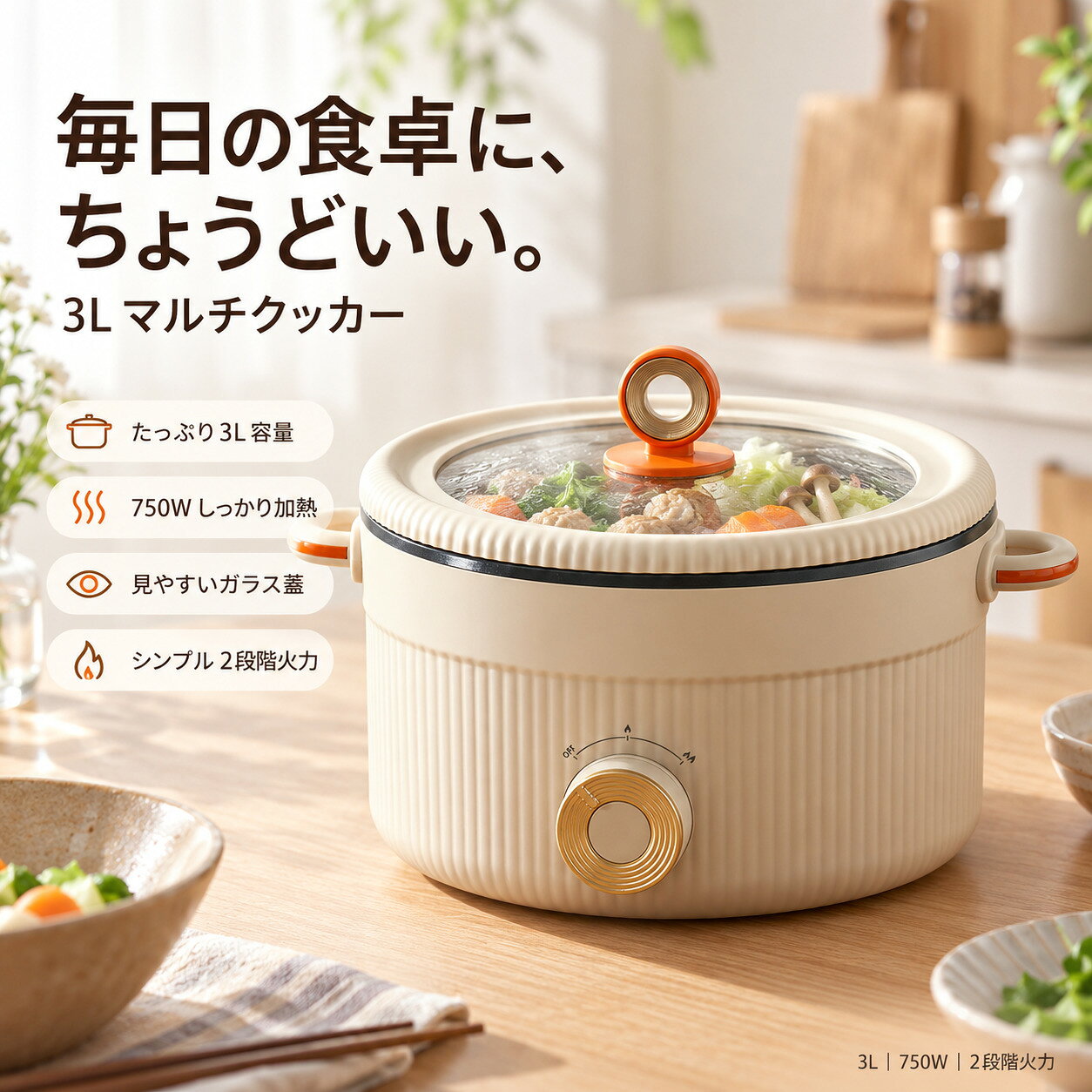 商品情報 3Lのたっぷり容量 毎日のごはん作りから家族で楽しむ鍋料理まで使いやすい、約3L容量のマルチクッカー。具材をたっぷり入れやすく、卓上でも使いやすいサイズ感です。 これ1台でさまざまな料理に対応 鍋料理はもちろん、煮込み料理、スープ、おかゆ、簡単な炒め物など、さまざまなメニューに活躍。季節を問わず毎日の食卓でお使いいただけます。 シンプルな2段階火力調節 本体正面のダイヤルを回すだけの簡単操作。料理に合わせて火力を切り替えられるため、じっくり煮込みたい時から鍋料理まで使い分けができます。 こびりつきにくいノンスティック加工 内鍋にはこびりつきにくい加工を採用。調理後の汚れも落としやすく、毎日のお手入れの負担を軽減します。 広くて深い鍋形状 鍋内径約225mm、深さ約100mmのゆったり設計。食材を入れやすく、鍋料理や具だくさんのスープにもおすすめです。