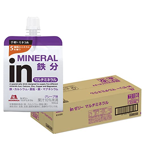 ・ 36個 (x 1) ・特徴: 【不足しがちなミネラルを10秒チャージ】 日々のコンディショニングに、1袋にミネラル5種類が入った栄養補給のためのゼリー飲料。栄養機能食品(鉄・カルシウム・亜鉛・銅)。・配合栄養素: 鉄、カルシウム、亜鉛、銅、マグネシウム、クエン酸・味: グレープ味 (Grape-flavored jelly drink)・カロリー: 1個当たり 90kcal・内容量: 36個(6個入×6箱)説明 商品紹介 【不足しがちなミネラル10秒チャージ】「inゼリー」シリーズはおいしく素早く目的のエネルギーや栄養素・水分を補給できる、飲むゼリータイプの栄養補助食品です。●5種類のミネラル配合鉄、カルシウム、亜鉛、銅、マグネシウムの5種類のミネラル配合。1日に必要なミネラルの1/3(※マグネシウム以外)が補給できます。レバーが苦手な方や大豆製品が不足がちな方に手軽な鉄分補給としてご活用いただけます。●フレーバーさわやかなグレープ味。不足しがちなミネラルが手軽に摂れるおいしいゼリーです。●飲用シーン(例):・小腹満たし、食事代わり、おやつに・食欲がないとき、予防に・貧血がち、妊娠中などミネラルが欲しい方に・お肌のメンテナンス・美容に・いざというときの非常食に、ストックに 使用上の注意 ●原材料に含まれるアレルギー物質(28品目中):使用していません ●栄養機能食品(鉄、カルシウム、亜鉛、銅) ●食生活は、主食、主菜、副菜を基本に、食事のバランスを。 ●1日当たり1袋を目安にお召し上がり下さい。 ●鉄は、赤血球を作るのに必要な栄養素です。カルシウムは、骨や歯の形成に必要な栄養素です。亜鉛は、たんぱく質・核酸の代謝に関与して、健康の維持に役立ち、皮膚や粘膜の健康維持を助けるとともに、味覚を正常に保つのに必要な栄養素です。銅は、多くの体内酵素の正常な働きと骨の形成を助けるとともに、赤血球の形成を助ける栄養素です。 ●本品は、多量摂取により疾病が治癒したり、より健康が増進するものではありません。亜鉛の摂りすぎは、銅の吸収を阻害するおそれがありますので、過剰摂取にならないよう注意してください。一日の摂取目安量を守ってください。 ●乳幼児・小児は本品の摂取を避けてください。 ●凍結させたものを解凍すると、風味・食感が変わることがあります。 ●開封後はすぐにお飲みください。 ●水分が分離したり色調が変わることがありますが、品質には問題ありません。 ●容器への強い衝撃はお避けください。容器が破損することがあります。 ●飲み終わった容器は自治体の区分に従ってください。 ●冷やすといっそうおいしくなります。 ●この製品はプラスティックキャップで密封包装しています。 原材料・成分 ●原材料 グレープ果汁(チリ製造)、砂糖、水あめ/乳酸Ca、酸味料、ゲル化剤(増粘多糖類)、硫酸Mg、香料、塩化K、甘味料(アセスルファムK、スクラロース)、グルコン酸亜鉛、ピロリン酸鉄、乳化剤、グルコン酸銅 ご注意（免責）＞必ずお読みください ●凍らせたり、加温したりしないで下さい（ゼリーが壊れます）。 ●保存状態や取扱いにより水分が分離することがあります。 ●開栓時に内容物がとび出ることがありますので、ご注意下さい。 ●開栓後は、キャップをして冷蔵庫に保存し、すぐにお召し上がり下さい。