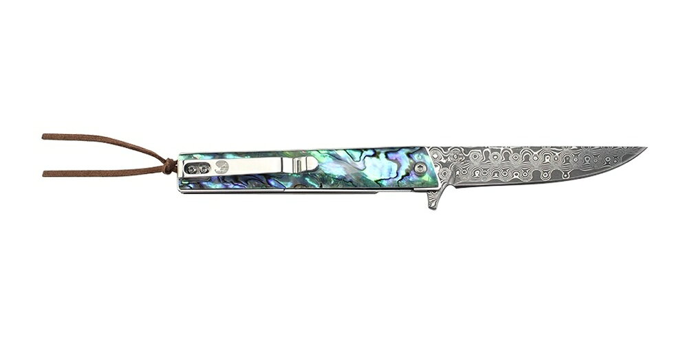 ニューワールドネット名品倶楽部の【Master Cutlery】 マスターカトラリー エルクスリムダマスカスフォルダー アバロン ER-2011DM フォールディングナイフ ポケットクリップ 折り畳みナイフ コンパクト 折りたためる 折りたたみ式 ナイフ アウトドアナイフ キャンプ 切れ味抜群 よく切れる ダマスカス｜アングル2
