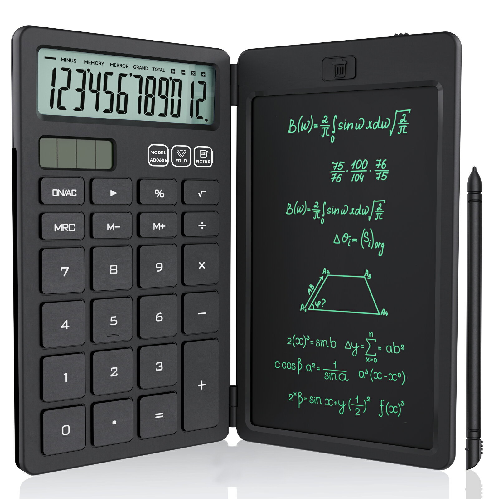 NEWYES 電卓付き電子メモパッド ソーラー充電可 折りたたみ式 ワンタッチ消去 多機能 計算機 デジタルペーパー 電卓 デジタルメモ 12桁 使いやすい 小型 6インチ コンパクト デジタル メモ帳 職場 家庭 仕事用 ab0606