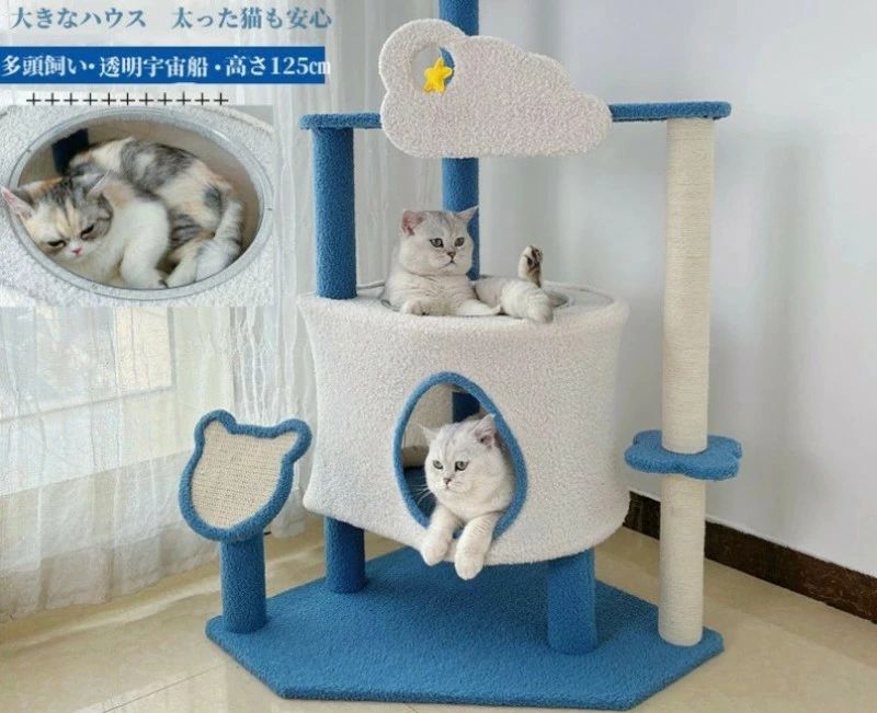 商品名 キャットタワー サイズ 60*60*125 カラー ホワイト＆ブルー 素材 布、紙管、麻紐、ポリエステル、スチール 耐荷重 15kg 使用頭数 3匹まで 【注意事項】 ●ページの閲覧環境によって、掲載写真と実際の商品の色合いが異なる場合があります。 ●モデルに小物を使う場合がございますが、商品に含まれませんので、セット内容をご確認ください。 ●製造過程、出荷過程の間に出来た細かなキズ・ヨゴレなどある場合がございます。細かい部分まで気になさる方は、ご購入をご遠慮ください。 ●手動測定による1~2cmの誤差を許容してください。ご理解いただきありがとうございます ●商品の仕様は、製造元の都合により予告なく変更や突然の欠品等で商品手配の遅れや手配ができない場合がございます。 ●お届けした商品に不備がございましたら、お届け後3日以内にご連絡ください。早急に対応させていただきます。なお期日を過ぎた場合はお受け致しかねます。 ●土日祝祭日のご注文およびお問い合わせへの弊社からのご連絡は、翌営業日となります。 ●海外製品のため、詳細タグなし。 ●配送の関係上、ラッピング対応は受け付けておりません。 【納品書や領収書につきまして】 当店では個人情報保護及び環境保全の為ペーパーレス化に取り組んでおりますので、お届けのお荷物に納品書（お買上明細書）は同封しておりません。ご了承くださいませ。 ご希望の場合、ご注文時【備考欄】にご記入願います。PDFファイルをメールにて添付いたします。 【返品・交換・キャンセルについて】 サイズ間違い・イメージ違いなど、お客様都合によるキャンセルやご交換は原則として承っておりません。返品ルールに関しましては、リンク先ページをご覧の上、お気軽にお問い合わせください。 【交換・返品時の送料】 当店の商品は全て入荷品のため、原則として.お客様都合の交換・返品を承っておりません。 タグなどな切らず に商品に不良や発送ミスがあった場合は、商品到着後3日以内 に必ず不良個所?全体写真の写真を添付して、当店までご連絡をお願いいたします。