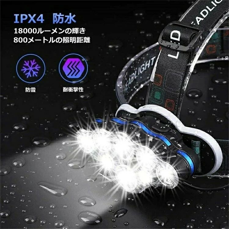 【超長寿命】 ヘッドライトは8つのLED電球と1つの赤い安全テールライトで構成しております。そして18,000ルーメンの明るさと800メートルの照明範囲があります。 お周りの環境をはっきり見えて、危険から遠ざかることを助けてくれます。釣り、ジョギング、ジョギング、ハイキング、キャンプ、自転車、読書、探検、その他の屋外活動に適しています。 高品質の伸縮バンドとヘッドスポンジパッドを付属しており、調整と取り付けが簡単で、滑りにくいです。大人と子供の使用に適します。 【高品質】 USBケーブルと2つの2200mAh充電式バッテリーを付属して、もっと高い輝度と長い使用寿命を提供します。（満タン充電した場合に6～9時間使用可能。）