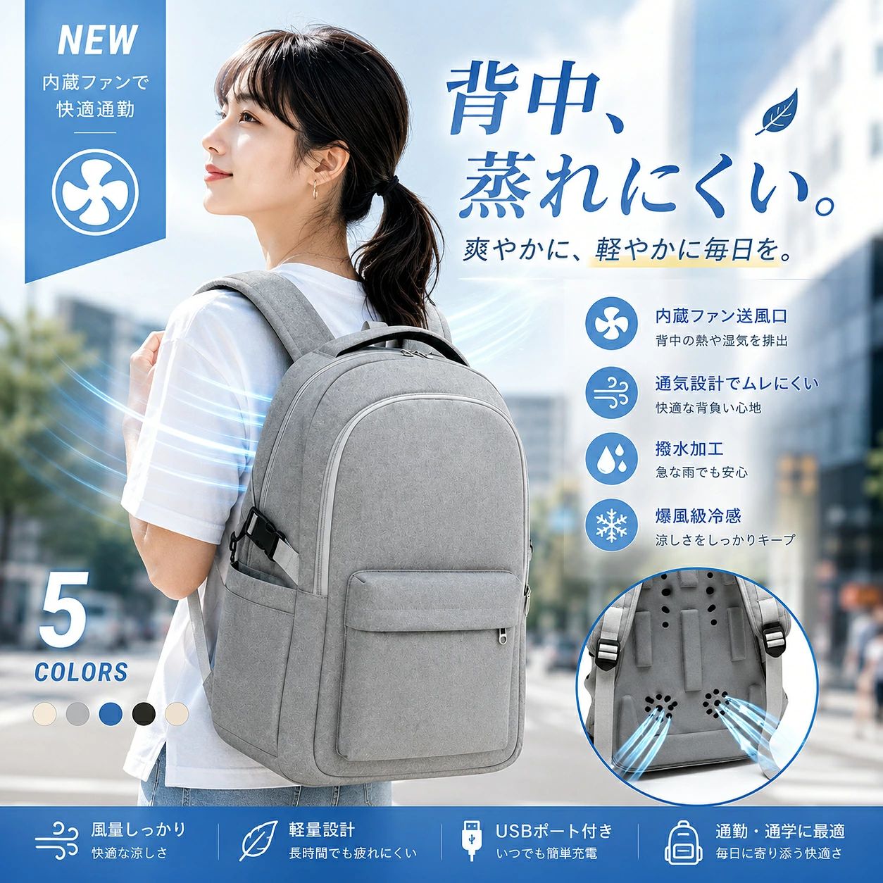 【SNS爆人気！】ファン付きリュック 空調リュック 扇風機付きリュック ビジネスリュック バックパック リュックサック メンズ レディース 背中 蒸れにくい 熱中症対策 汗対策 15インチ PC収納 大容量 撥水 3段階風量調節 USB給電 安全設計 通勤 通学 男女兼用