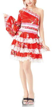 ダンス 衣装 花魁 よさこい 和柄 着物 ゆかた ワンピース ティアードフリル スカート ワンショルダー Sサイズ Mサイズ Lサイズ