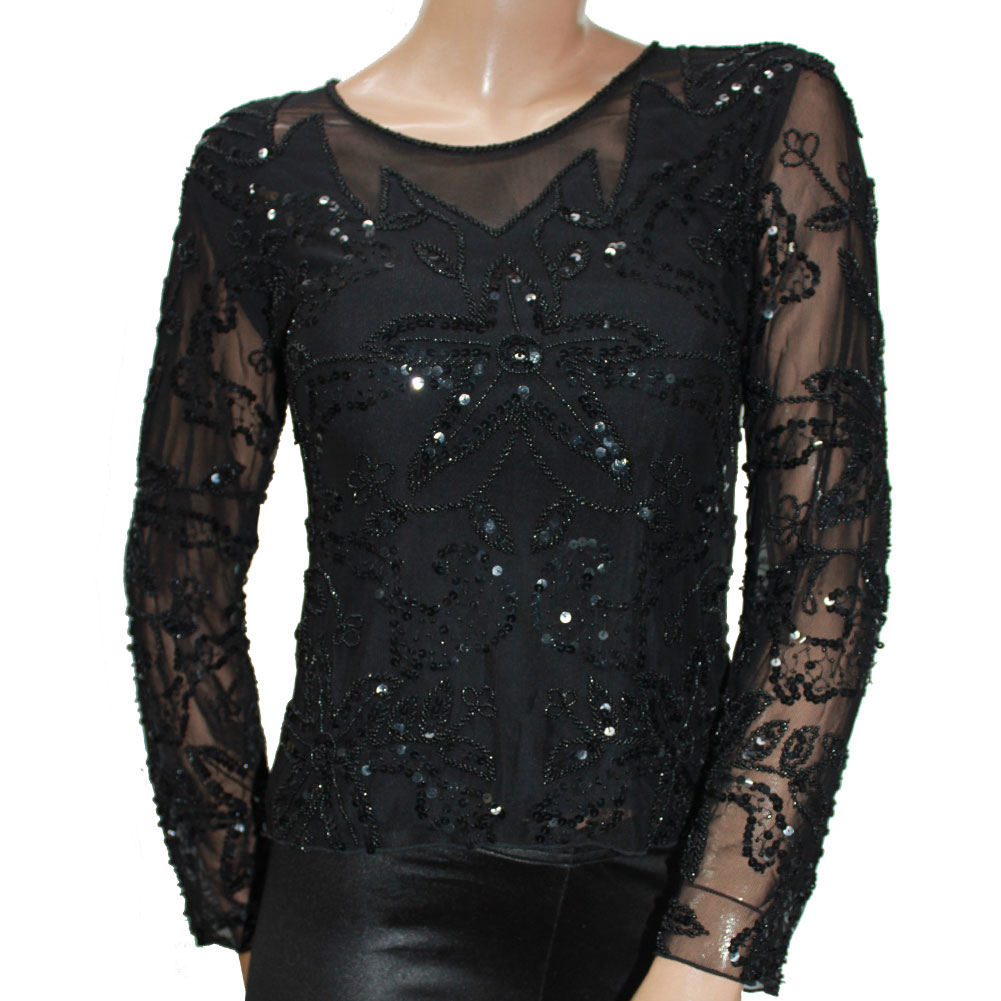 スパンコール ダンス衣装 長袖 トップ Sサイズ ブラック 送料無料 1000円
