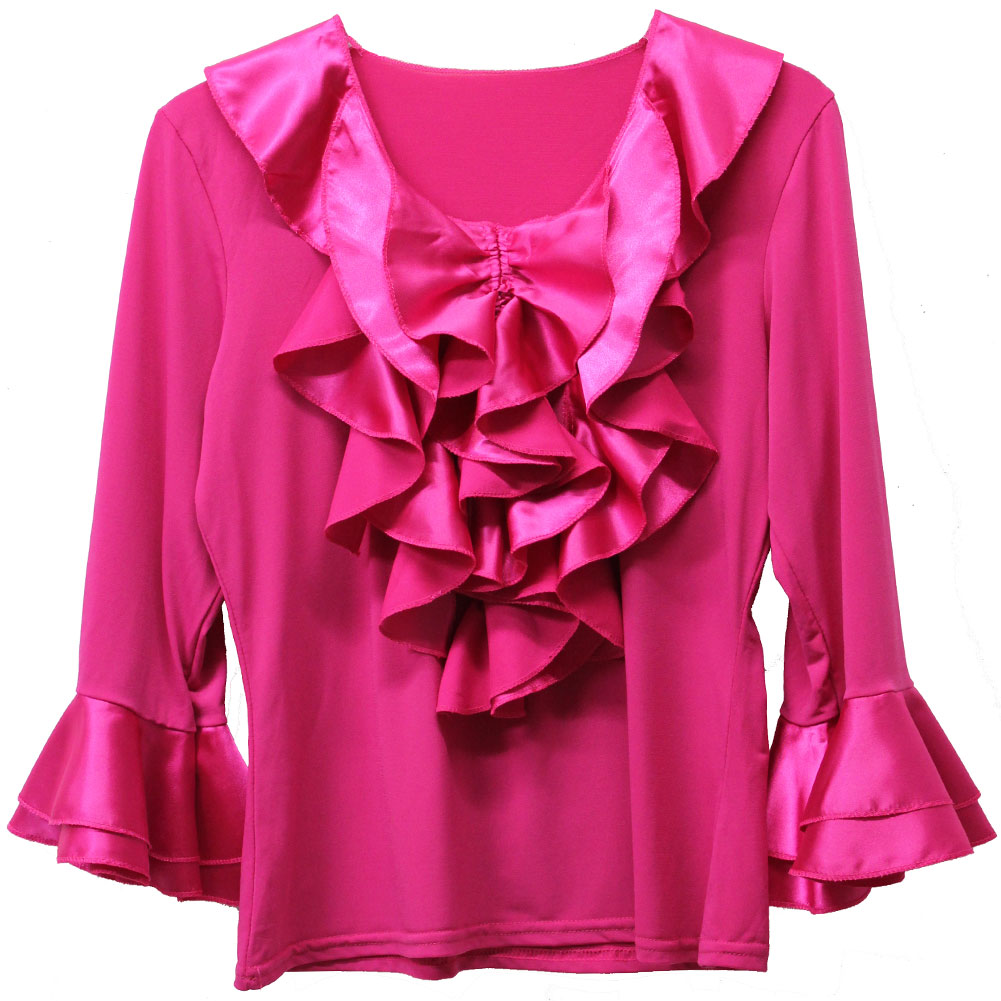 ダンス衣装 フリル トップ 七分袖 カットソー Tシャツ ストレッチジャージー フリーサイズ ピンク 送料無料