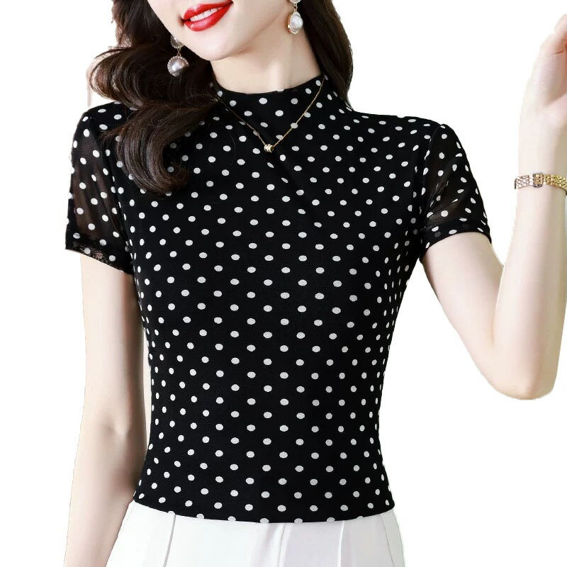 水玉 ドット 半袖 レディース トップス Tシャツ メッシュ素材 大きいサイズあり M L XL XXL 送料無料