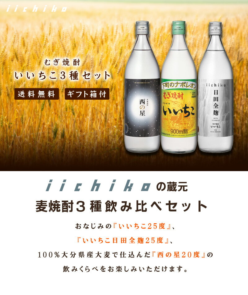 送料無料　いいちこ本格焼酎セット　麦焼酎900ml×3本セット（いいちこ　日田全麹　西の星）　ギフト箱付（北海道・沖縄＋890円）