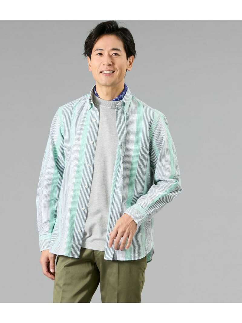 Rakuten - 【吸水速乾】サッカー マルチストライプ 長袖ショートボタンダウンシャツ NEWYORKER MEN ニューヨーカー トップス シャツ・ブラウス グリーン パープル【送料無料】[Rakuten Fashion]