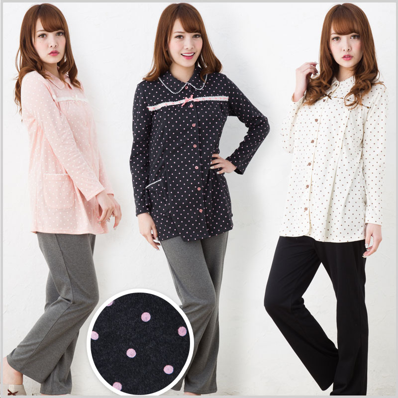 冬春〜春 マタニティ パジャマ　スムースドット（水玉） /秋〜秋冬・冬春〜春/スムースドット×無地パンツ　ナイティ/アイボリー・チャコール・ピンク/授乳口付きマタニティ 長袖・前開き・パジャマ。のサムネイル