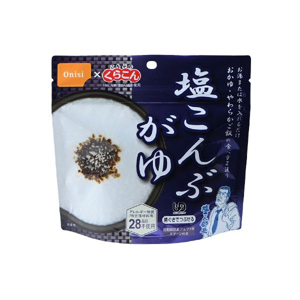 ケース販売 / 46g塩昆布がゆ(50袋入) / 1袋(46g)おかゆシリーズこんぶのくらこんの「塩こんぶ」を使用したおかゆ。お湯又は水を注ぐだけで本格的なおかゆができあがります。またお湯の量で、おかゆ・やわらかご飯など調整ができます。 5分がゆ程度の粒感、とろみ感があります。お湯さえあれば、何処ででも簡単に、塩こんぶがゆをお召し上がりいただけます。 ご高齢者向けの非常食としても最適です。 出来上がりの量は、お茶碗たっぷり1杯分、246g！●Item Spec■内容量 / 出来上がり量：46g/246g■栄養成分表示：(46gあたり)熱量/164kcalたんぱく質/4.0g脂 質/0.5g炭水化物/35.7g食塩相当量/1.6g■原材料：うるち米（国産）、塩昆布（たん白加水分解物、昆布、食塩）／調味料（アミノ酸等）、甘味料（ソルビトール、甘草）、カラメル色素、増粘多糖類■本品に含まれるアレルギー物質(特定原材料等)28品目：本品は上表のアレルギー物質(特定原材料等)28品目を使用しておりません。■その他：スプーン・塩こんぶ付■必要水量：200ml■ケースサイズ：422×307×198mm※サイズ・重量などの表記はすべておおよそとなります。●Series...