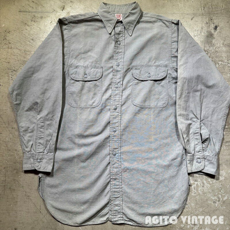 TUF NUT 40's~ タフナット ワークシャツ 絣柄 台襟 マチ付き グレー オーバルボタン グッドコンディシ..
