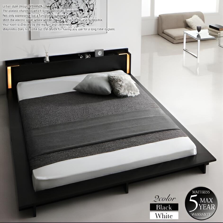 乐天商城 - 【11日01：59まで5％OFF！】モダンライト・棚・コンセント付きデザインフロアローベッド スタンダードボンネルコイルマットレス付き クイーン(Q×1） 組立設置付