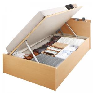 【11月27日01：59まで5％OFF】お客様組立 国産跳ね上げ収納ベッド ナチュラル 薄型スタンダードポケットコイルマットレス付き 横開き セミダブル 深さレギュラー