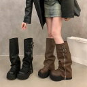 ウエスタン ごつい おしゃれ 合皮 レザー ブラウン 黒 ジッパー バックル ベルト かわいい ギャル Y2K 厚底 ロングブーツ 冬 大
