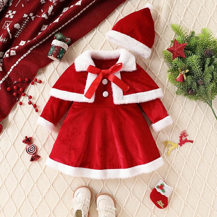 乐天商城 - プレゼント 冬 服 クリスマス レッド 赤 可愛い 赤ちゃん服 新生児 ベビー 女の子 もこもこ 長袖 ワンピース 帽子付き