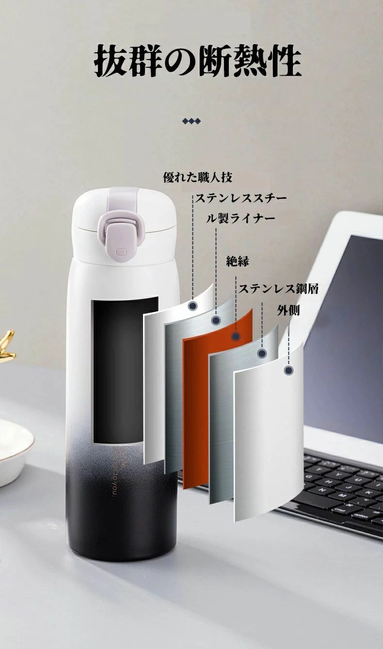 超軽量 真空断熱層 可愛い 持ち運び 紐 ワンタッチ ダイレクトボトル 女 女の子 小学生 こども 直飲み ..