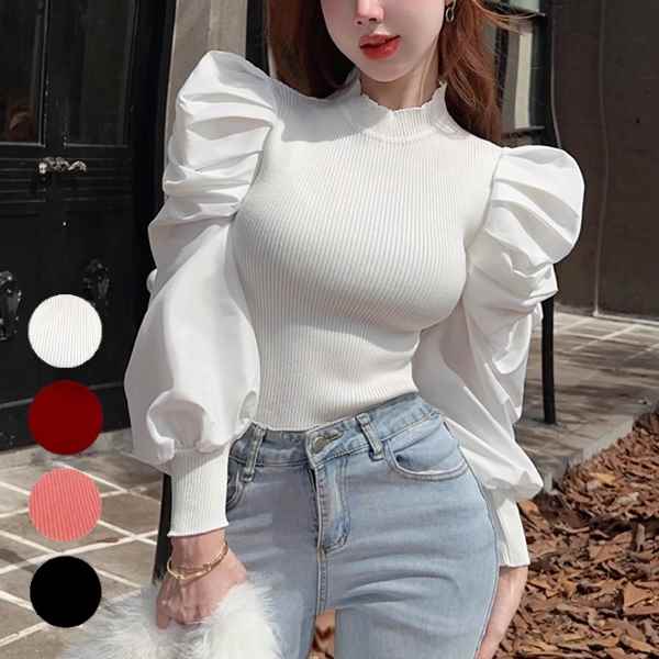 上品 カジュアル きれいめ リブニット 伸縮性 ふわふわ プリーツ フェミニン フォーマル スリム ラウン..