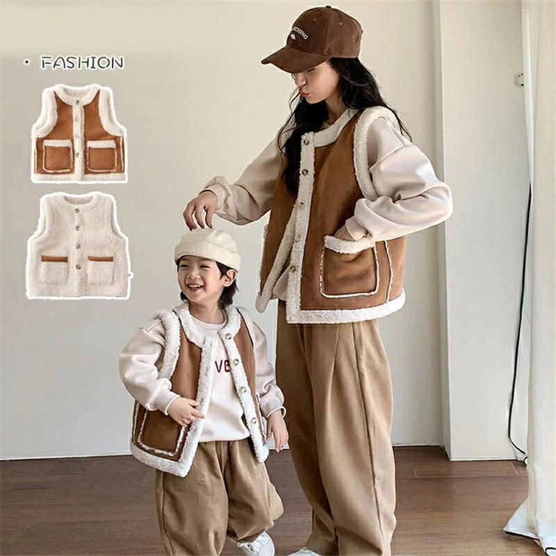 冬服 兄妹お揃い 親子ペアルック ママと娘 ボアコート ス 家族お揃い クリスマス 韓国子供服 2WAY 可愛い ポケット付き 両面使え