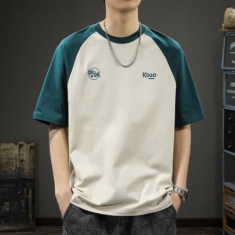 T-Shirts （Long-Sleeved） - シンプル プリント ラグランスリーブ 半袖 Tシャツ 男性用 夏 コントラストトップ アメリカン 半袖 Tシャツ