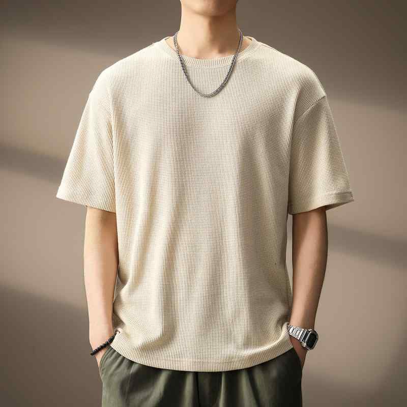Rakuten - 柔らか ニット ワッフル 半袖 Tシャツ ゆったり 厚手 ベーシック アメリカン レトロ シャツ