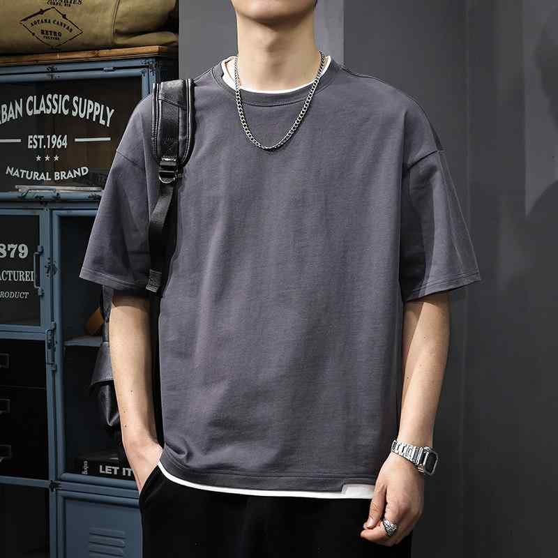 Rakuten - アメリカン フェイクツーピース クルーネック 半袖 Tシャツ 夏 コーデ スタイル ゆったり フィット 大きいサイズ 七分袖