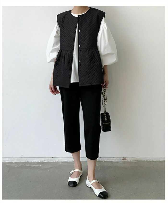 黒 ブラック おしゃれ お洒落 無地 大きいサイズ レイヤード 重ね着 冬 秋 シンプル 体型カバー ゆったり ベスト 中綿