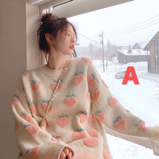 2XL XL L M S 20代 10代 ガーリー かわいい ロング 長め 丸ネック フルーツ柄 ラウンドネック ストロベリー柄 ゆったり